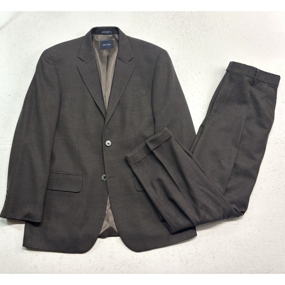 Nautica 38S 32x28 Brown Birdseye 2pc Pant Suit 100% Wool Pleated High Waisted